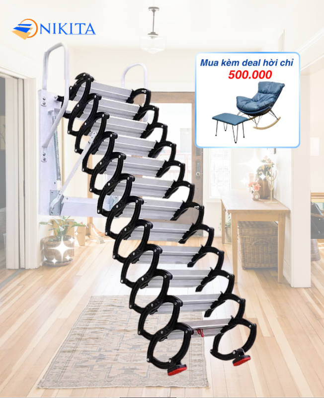 Cầu thang xếp ốp tường khung nhôm Nikita NKT-TXW1160