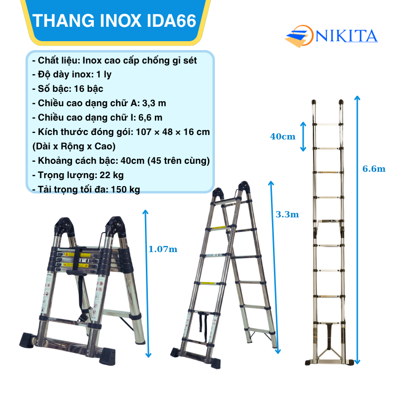 THANG RÚT ĐÔI INOX CHỮ A NIKITA IDA66