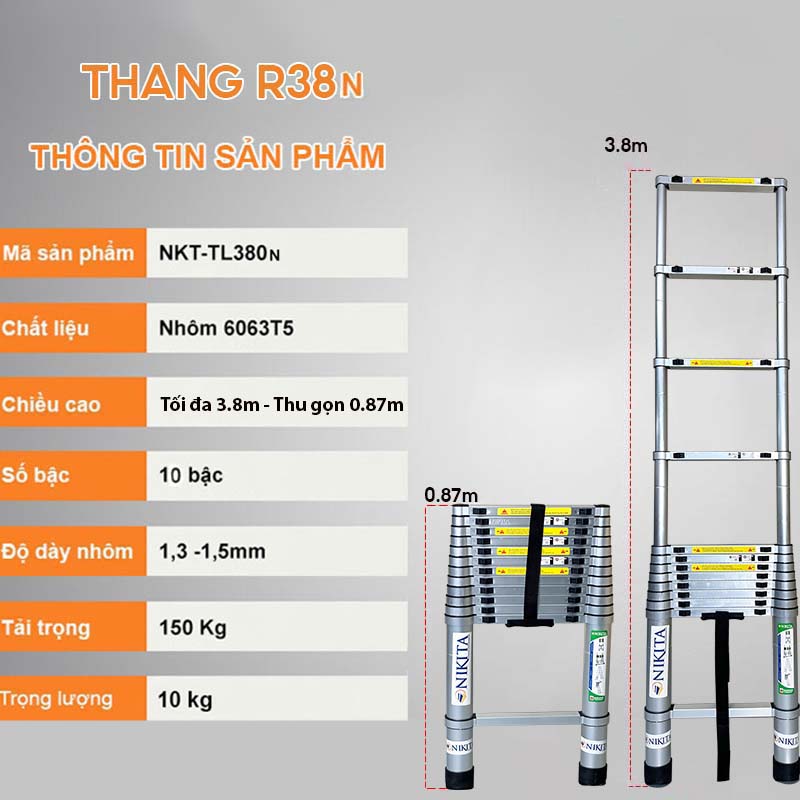THANG RÚT ĐƠN ĐAI NHÔM NIKITA NKT-R38N